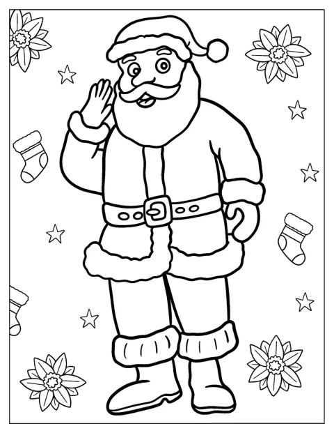 Le père Noël sourit sous son bonnet, avec sa barbe et son costume.