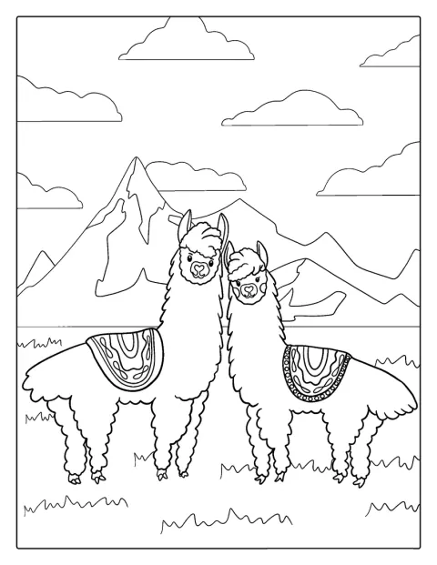 Dos llamas están juntas frente a una cordillera.