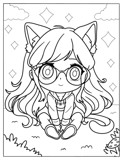 Uma rapariga gata chibi de ar estudioso usa óculos.