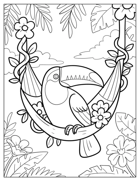 Un tucano riposa su un’amaca circondata da fiori e liane.
