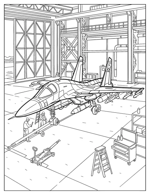 Et F 15 Eagle-jagerfly bliver efterset inde i en flyhangar.