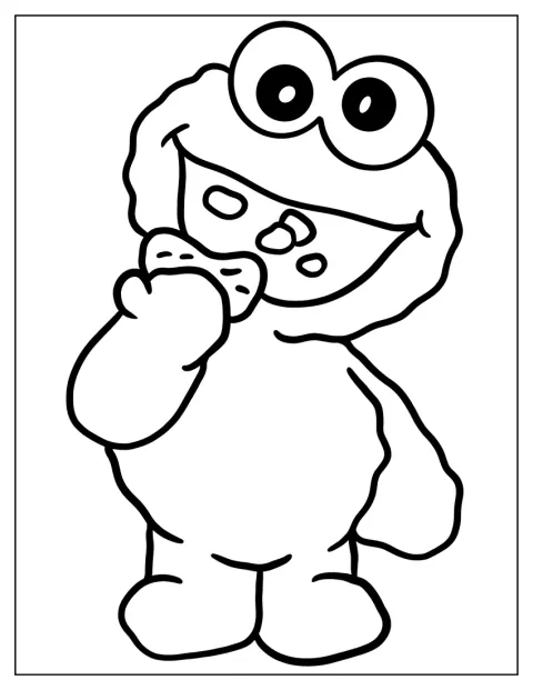 Das Krümelmonster hält einen Keks und beißt genüsslich hinein.
