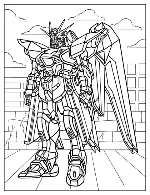 A Freedom Gundam a városi épületek között áll.