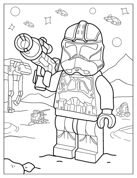 En Lego-stormtrooper skyter med blaster midt i en kamp.