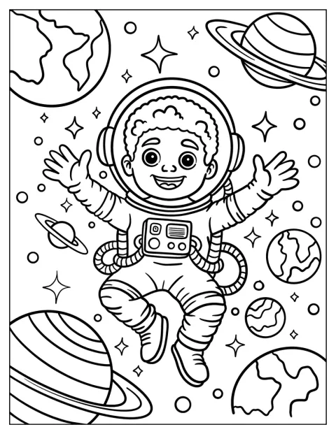 Astronaut Black Girl & Boy Coloring Page Exploring Outer Space