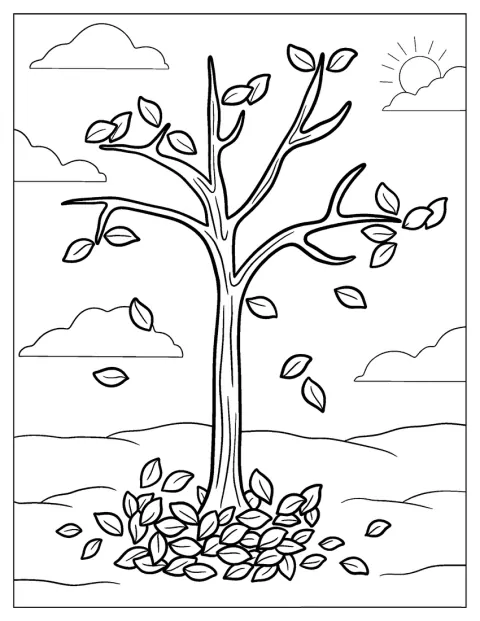 Liście opadają z nagiego drzewa w jesienny dzień.