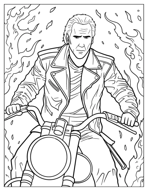 Nicolas Cage kjører motorsykkel som Ghost Rider, omgitt av flammer.