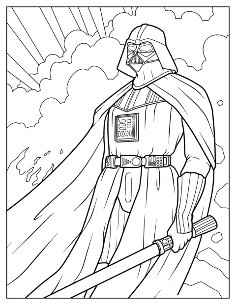 Darth Vader står redo för strid i en detaljrik dräkt.
