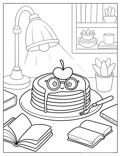Un pancake con gli occhiali studia alla scrivania tra libri e una mela.