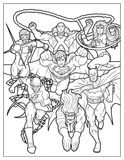 Martian Manhunter, Superman, Green Lantern, Wonder Woman, Batman, Aquaman und The Flash stehen zusammen.