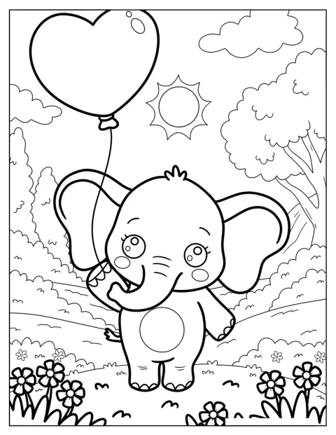 En smilende elefantunge står blandt blomster med en ballon.