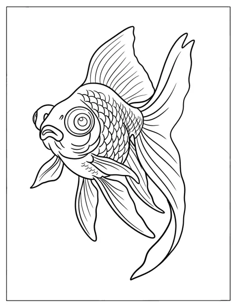 流れるような長いひれをなびかせた、写実的な金魚です。