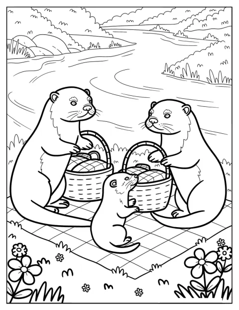 En utterfamilj har picknick vid floden.