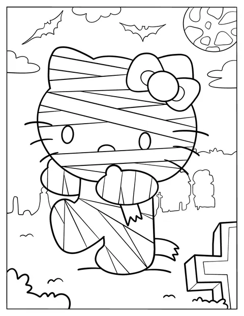 Hello Kitty, verkleed als mummie, staat tussen grafstenen op een begraafplaats.