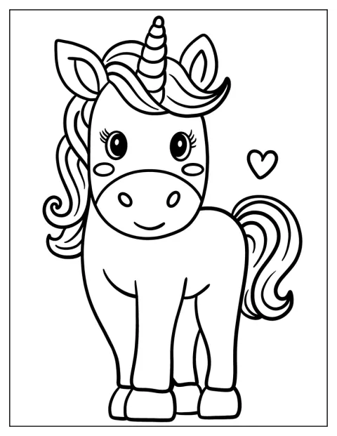 Ein lächelndes Einhorn steht neben einem Herz.