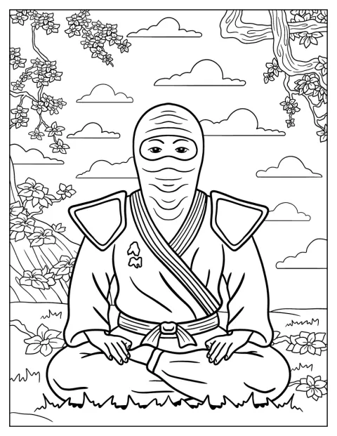 In einem japanischen Garten sitzt ein Ninja meditierend.