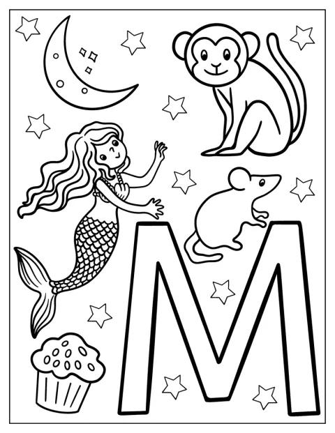 Una sirena, un mono, un ratón, una luna y una magdalena ilustran la letra M.