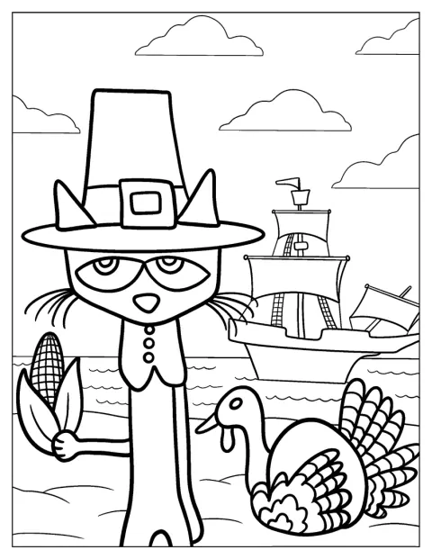 Thanksgiving Themed Pete The Cat Coloring Page
