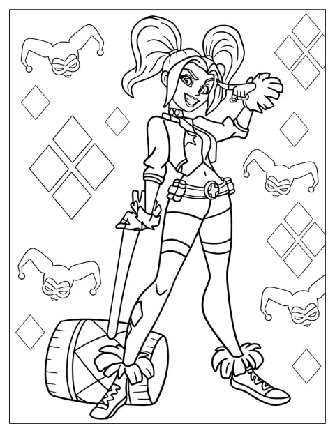 Harley Quinn er tegnet i en søt, kawaii-inspirert stil.