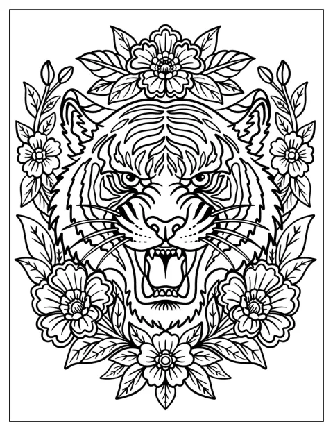 Una tigre mostra il muso tra decorazioni floreali.