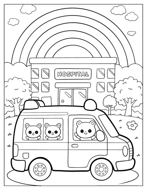 En søt dyreambulanse står foran et sykehus under en regnbue.