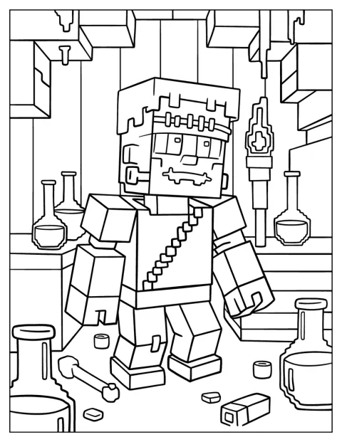 Minecraft Frankenstein bájitalok mellett áll egy barlangban.