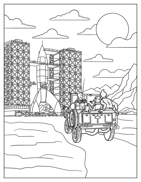 ビーカー教授が車を運転し、タンタンとスノーウィをロケットへ連れて行きます。