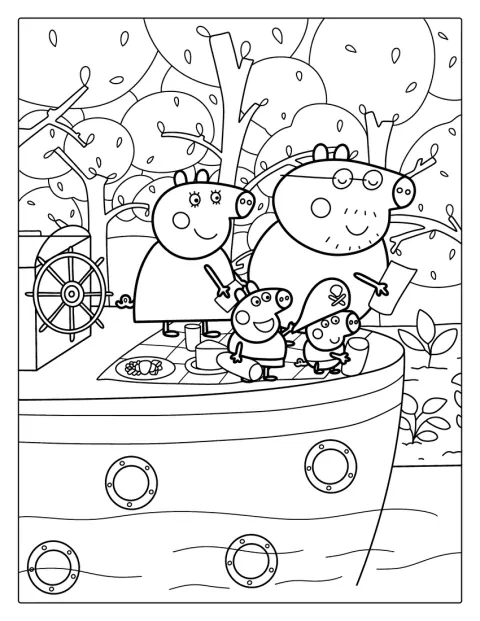 Peppa Pig családja egy folyami hajón utazik.