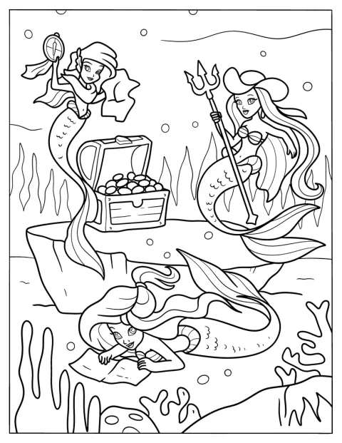Dos sirenas vestidas de vaqueras descubren un cofre del tesoro.