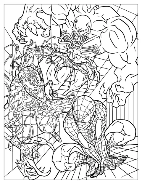 Carnage og Venom jagter Spider-Man gennem byen.