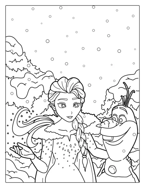 Elsa und Olaf stehen zusammen im Schnee.