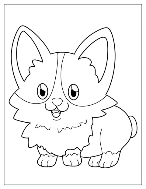 Corgi w uroczym stylu kawaii przedstawiony jest prostym konturem.