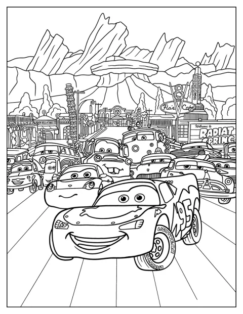 Samen met zijn vrienden staat Bliksem McQueen bij de auto's.