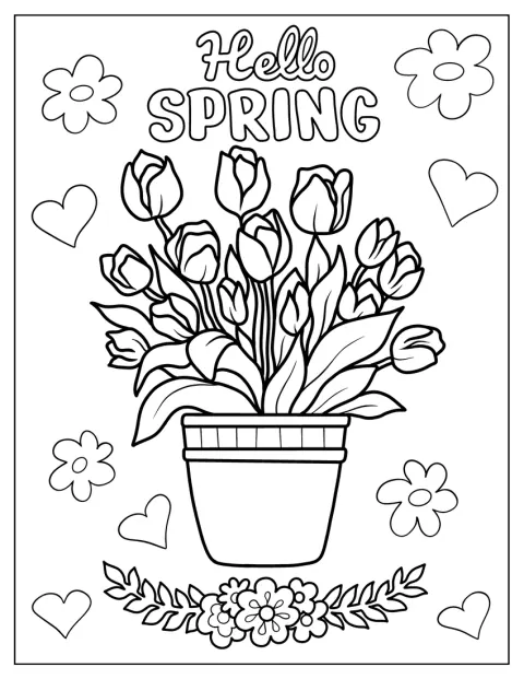 Een boeket bloemen staat naast de begroeting ‘Hallo lente’.