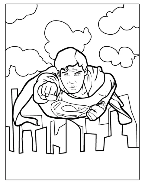 Superman zboară pe deasupra clădirilor unui oraș.