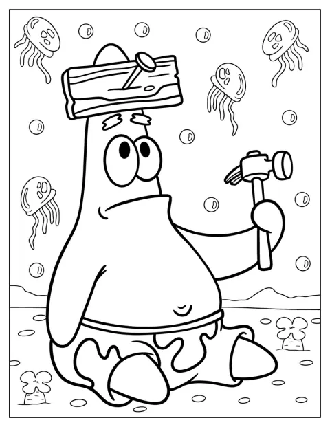 Un clou et une planche sont posés sur la tête de Patrick.