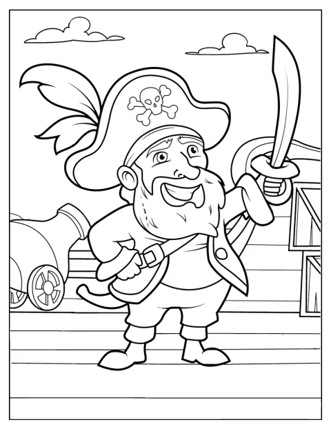 En kraftig piratkapten står med ett svärd i handen.