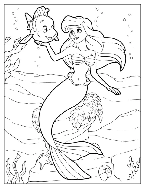 Ariel nada debaixo de água, acompanhada pelo peixe Linguado.
