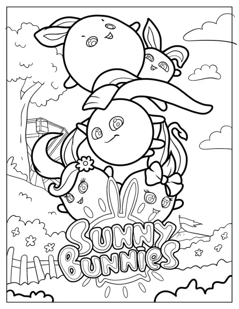O logótipo Sunny Bunnies surge acompanhado por Big Boo, Turbo, Shiny e Iris.
