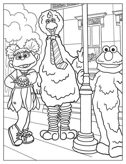 Abby, Big Bird a Elmo ze Sezamové ulice stojí společně.
