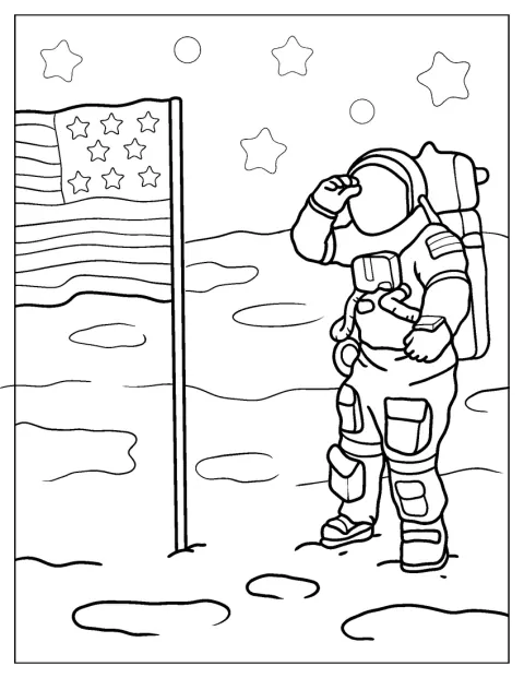 Ein realistisch gezeichneter Astronaut trägt eine amerikanische Flagge.