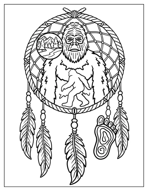 En drømmefanger med Bigfoot-motiv er pyntet med perler og fjær.