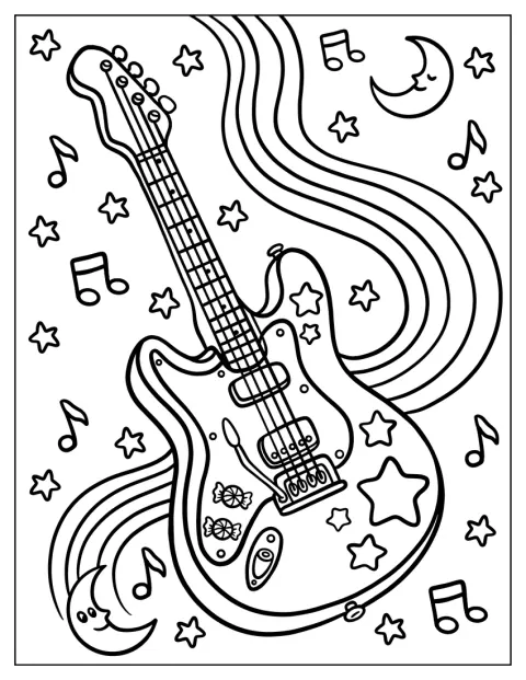 Stjärnor och musiknoter svävar runt en elgitarr.