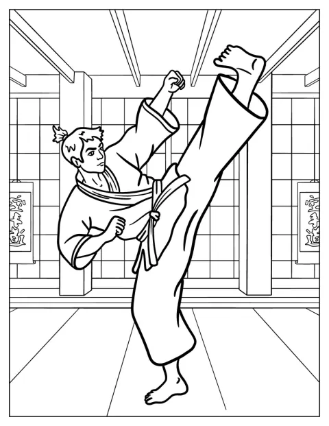 En karateutövare sparkar högt i en traditionell dojo.