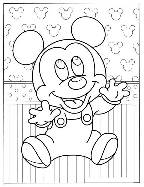 Bébi Mickey egér vidáman néz előre, nagy füleivel és mosolyával.