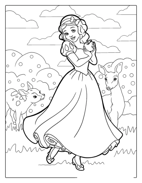 Blanche-Neige tient la pomme empoisonnée.