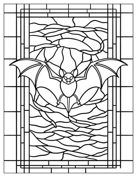 Une chauve-souris vole dans la nuit, dessinée comme un vitrail.
