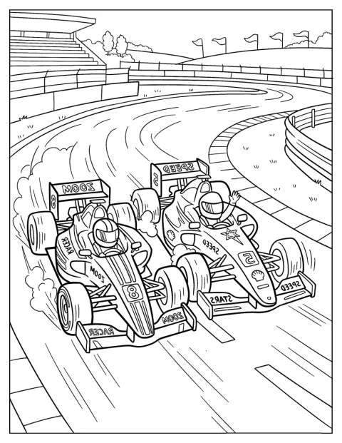 Două mașini de Formula 1 aleargă una lângă alta pe circuit.