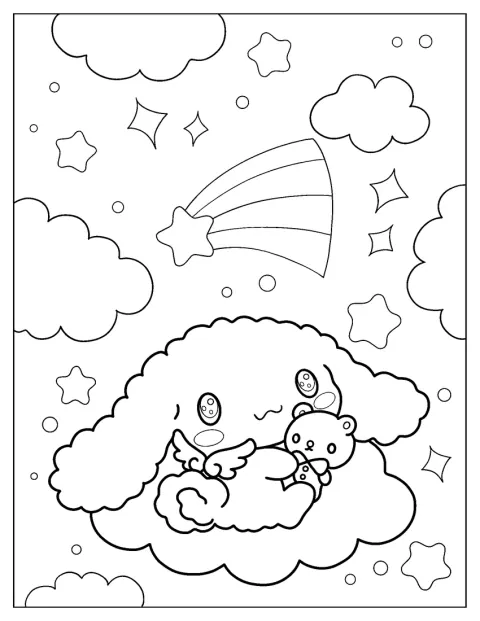 Cinnamoroll Coloring Page of Cinnamon With Wings In Sky