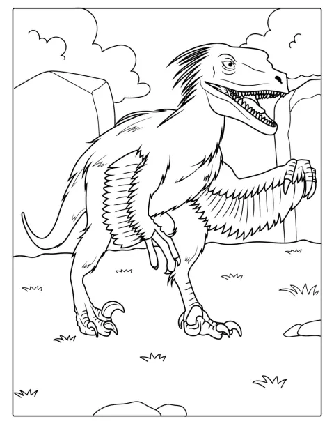 Velociraptor s peřím stojí v pravěkém prostředí.